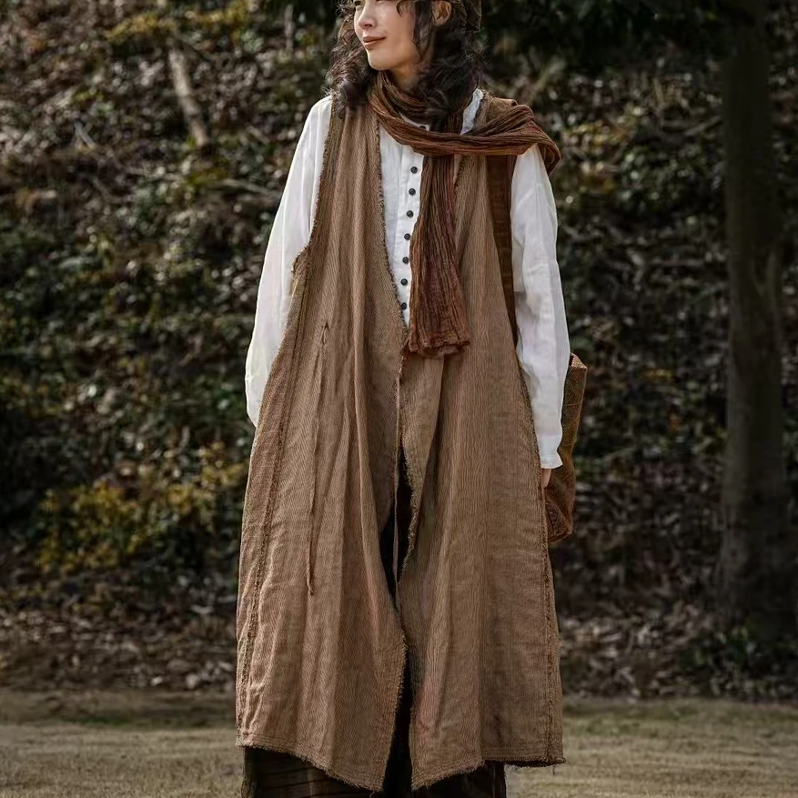 原创疯子张亚麻色织脏染苎里两面穿长款马甲#08453