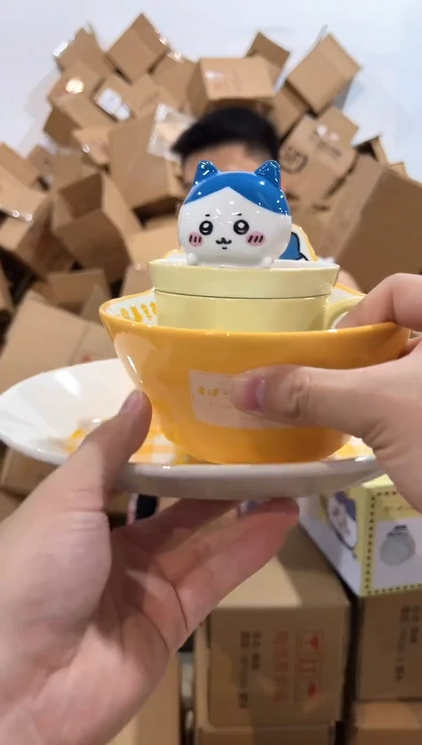 瓷片原盒小八带盖杯  加沙拉碗加碟子3件套