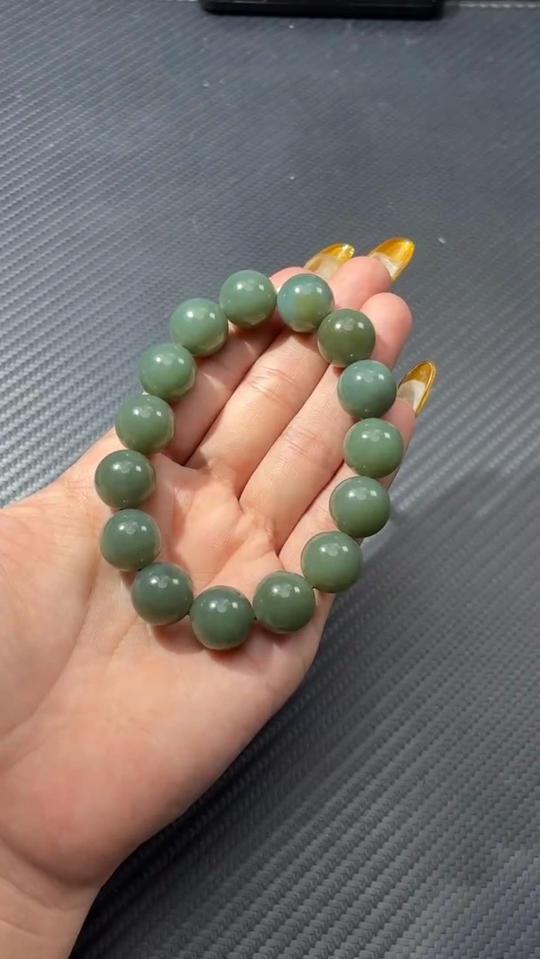 未镶嵌手链和田玉（青玉）若羌青黄口蓝调卡14手串微色差