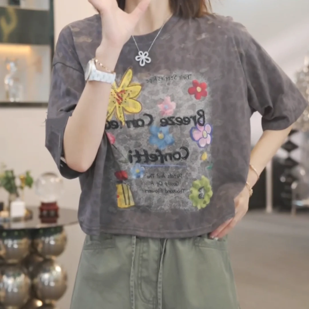时尚休闲气质印花短袖T恤上衣女2025年夏季新款圆领显瘦上衣百搭