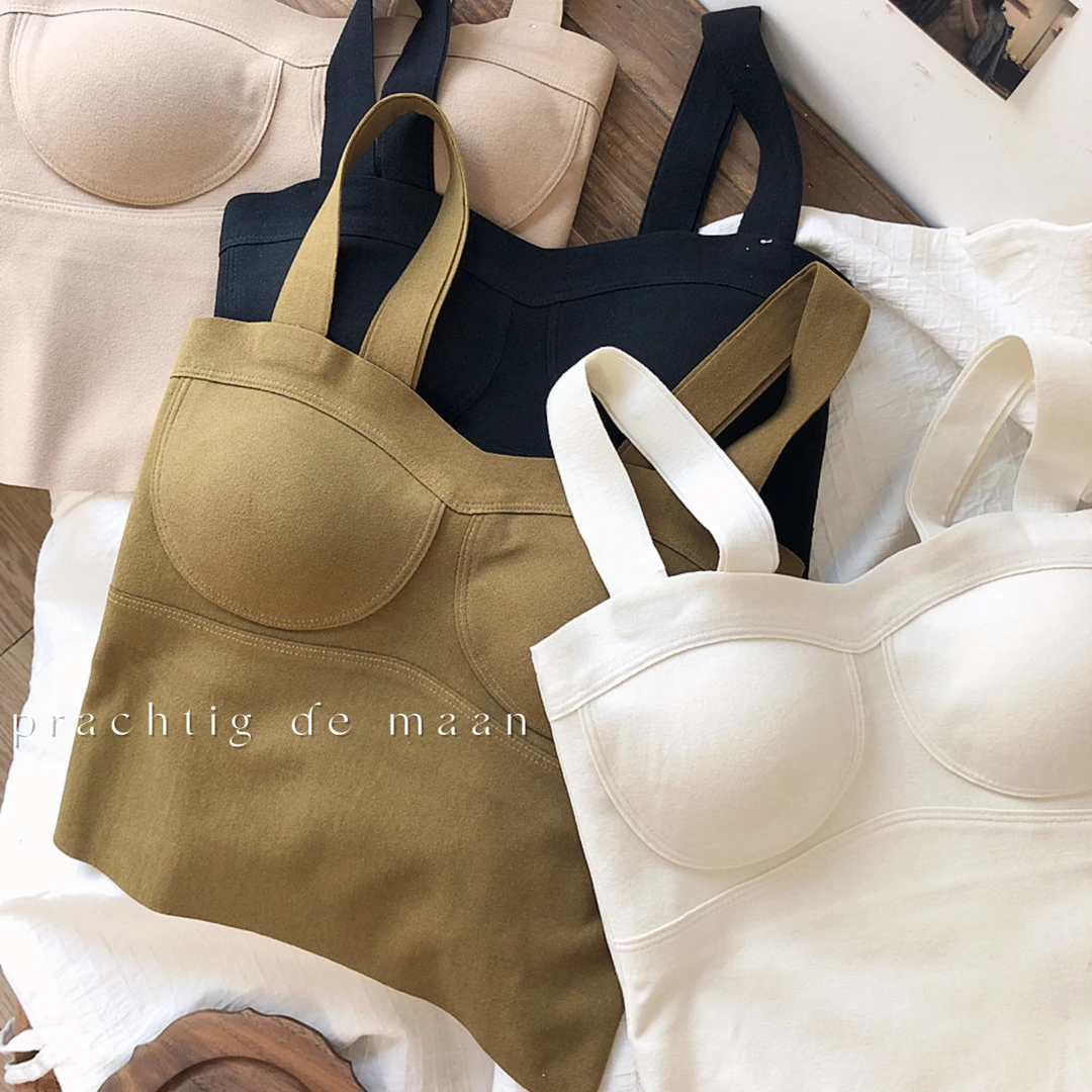 纯欲方领带胸垫保暖背心女士自发热无痕内搭打底吊带内衣免穿文胸