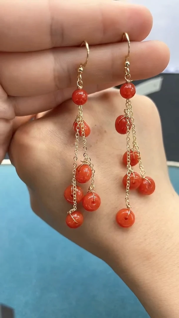 南红玛瑙14K金镶嵌耳饰红色十全十美