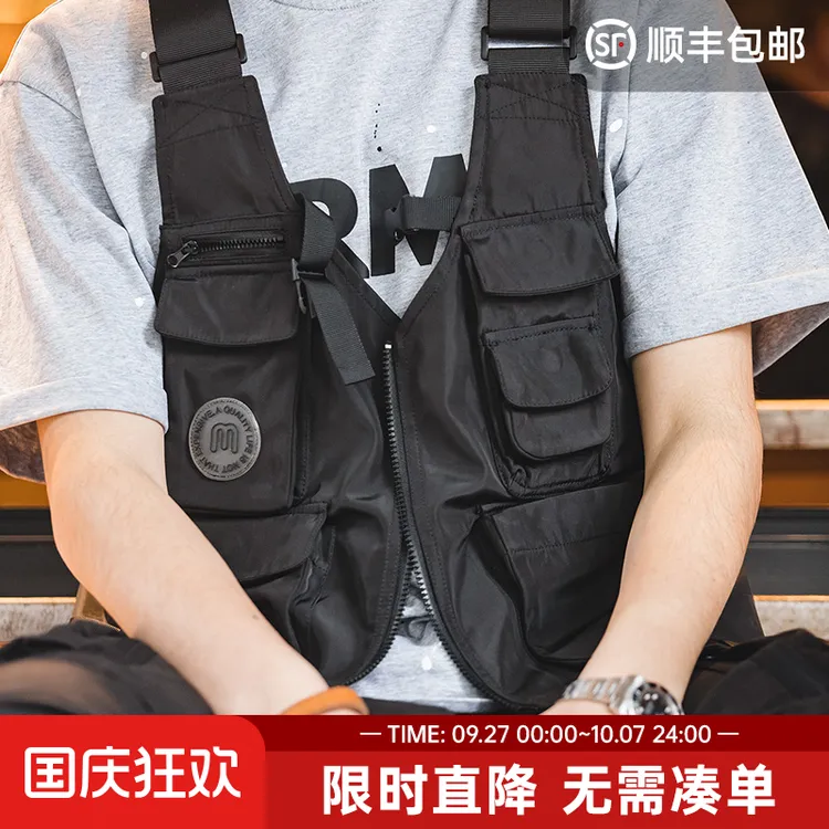 马登工装美式复古多口袋机能风马甲无袖坎肩背心休闲挎包外套潮男