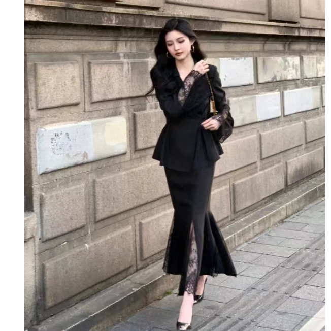 CHUCHU【月光蕾丝】黑色套装法式长裙显瘦两件套XMZH6478+XMZH6354