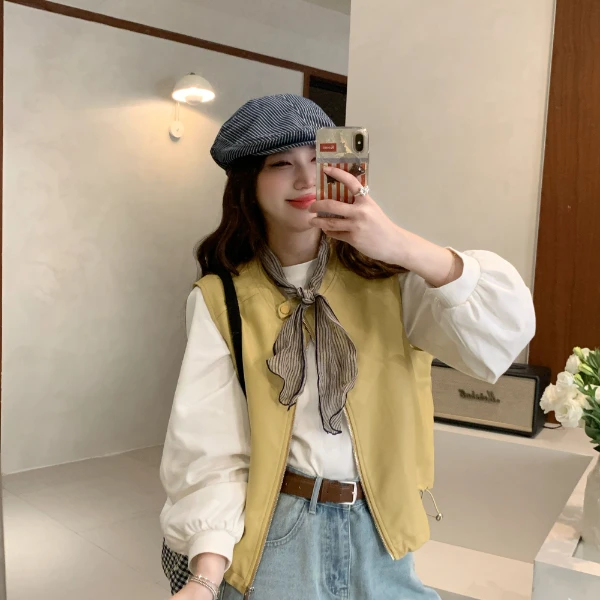 Berry 喜你而欢大庞定制 黄色休闲外穿皮马甲女圆领百搭无袖上衣
