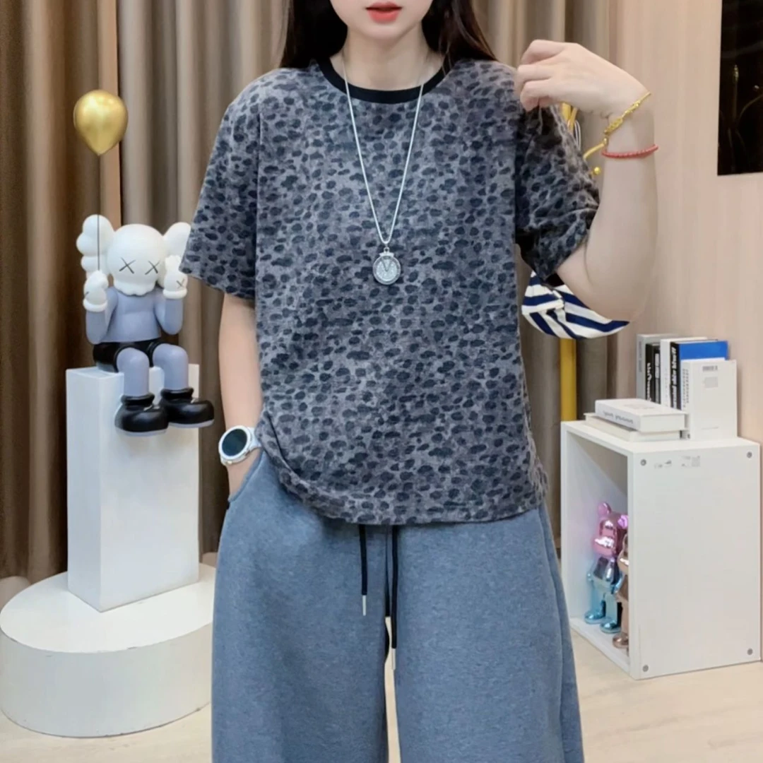 休闲圆领短袖T恤2025韩版秋豹纹短袖打底衫女B228