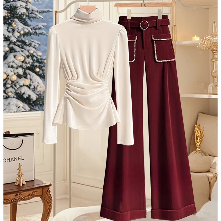 2025早春法式气质超好看白色丝绒衬衫女红色休闲阔腿裤子两件套