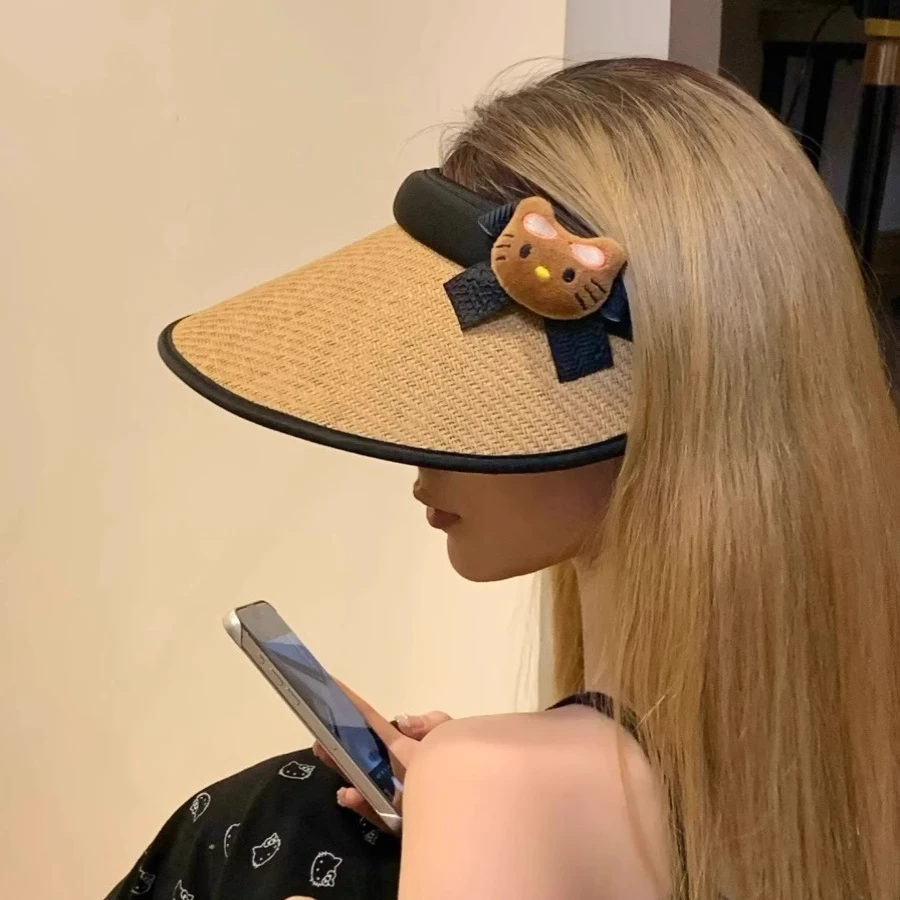 夏季黑皮Kitty草编可爱骑行防晒太阳帽大帽檐显脸小遮阳空顶帽女