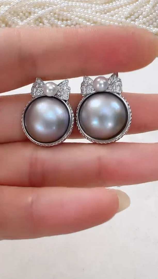 【闪购商品】拼合珍珠（马贝珠）耳饰银S925镶嵌灰色在逃