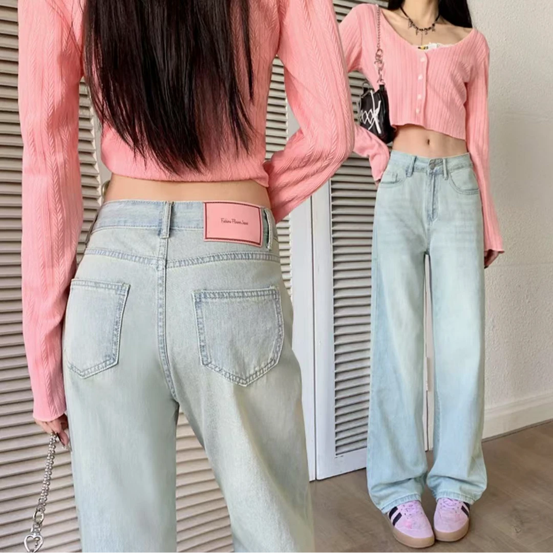 新款休闲月光蓝窄版直筒显新款早春宽松高腰牛仔裤女显高阔腿裤子