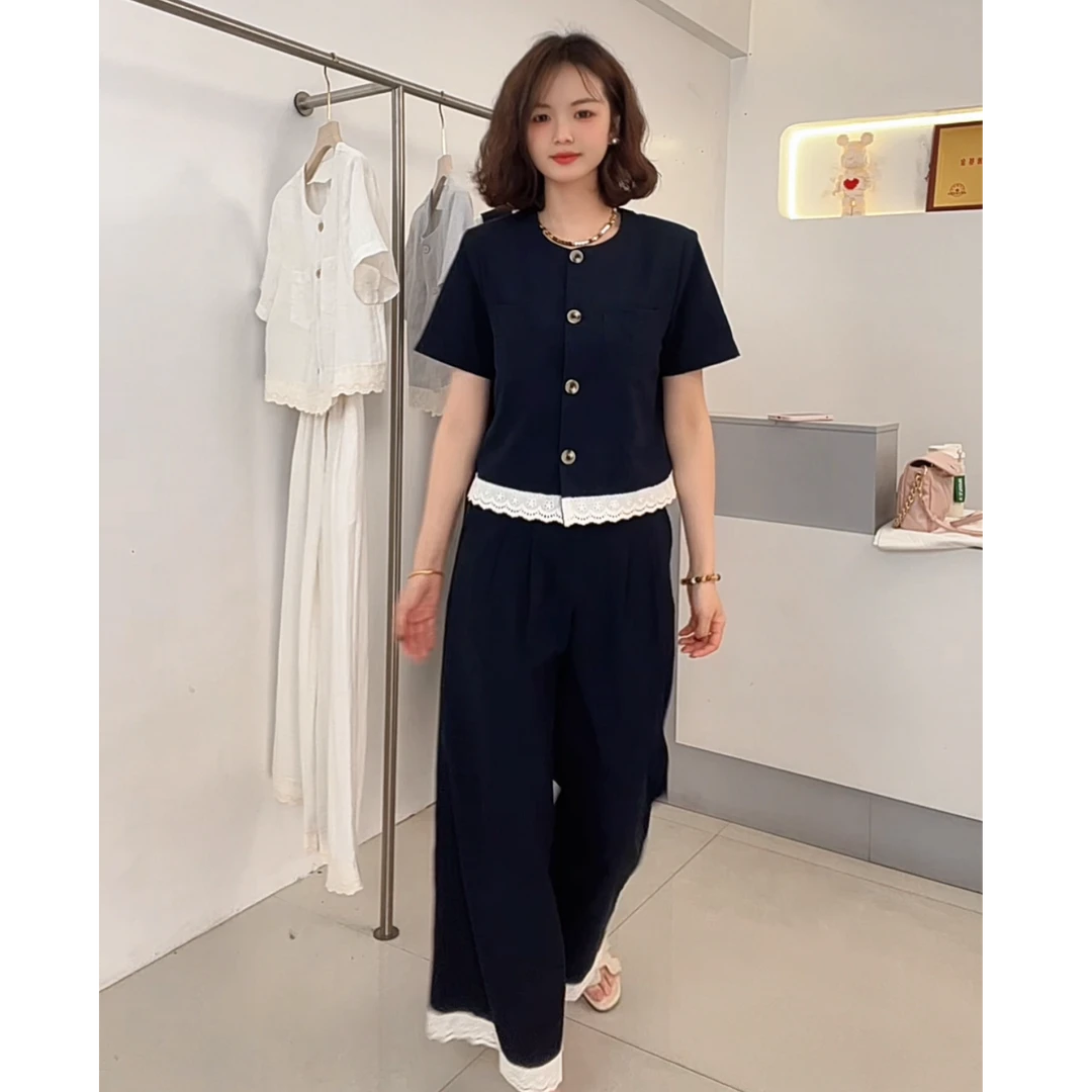 075款【夏季亚麻套装】百搭蕾丝花边高腰阔腿裤两件套套装气质洋气