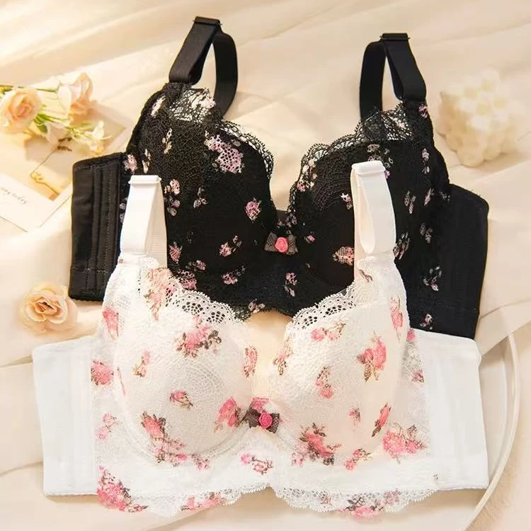 薄款调整型内衣大胸显小胸聚拢碎花文胸防下垂收副乳矫正外扩胸罩