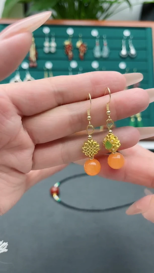 【闪购商品】玛瑙/玉髓耳饰银S925镀金镶嵌1109