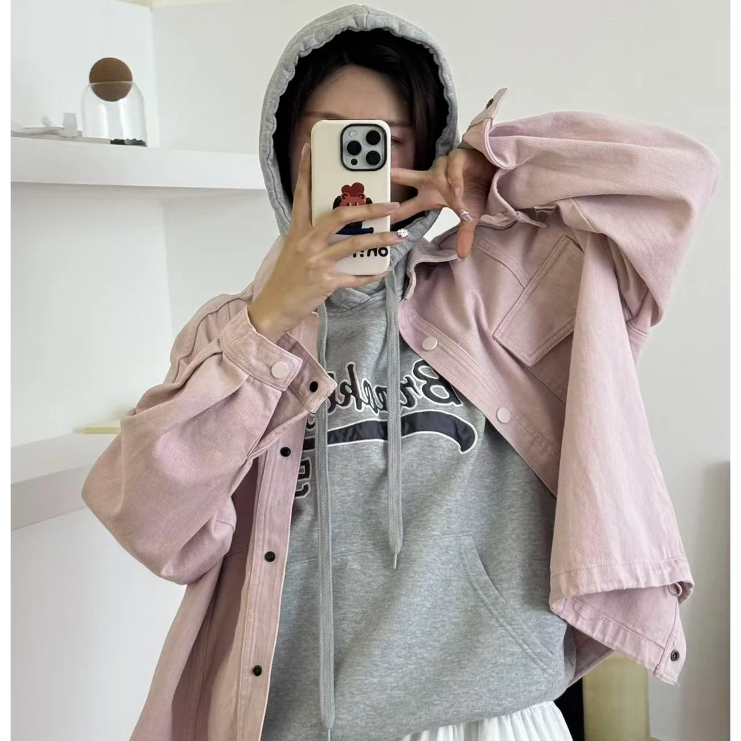 粉色百搭显白可抽紧牛仔外套