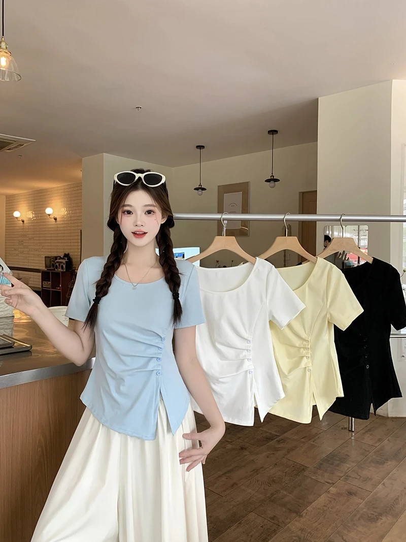 2025夏装新款胖mm大码女装甜辣妹v领不规则收腰轻薄短袖T恤上衣