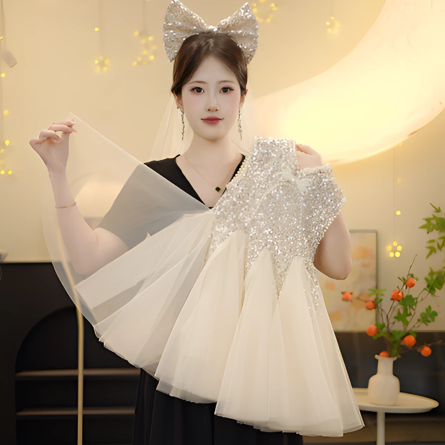 【MY云纱仙裙】女童2025轻奢亮银宴会礼服裙夏季新款立体连衣裙洋气