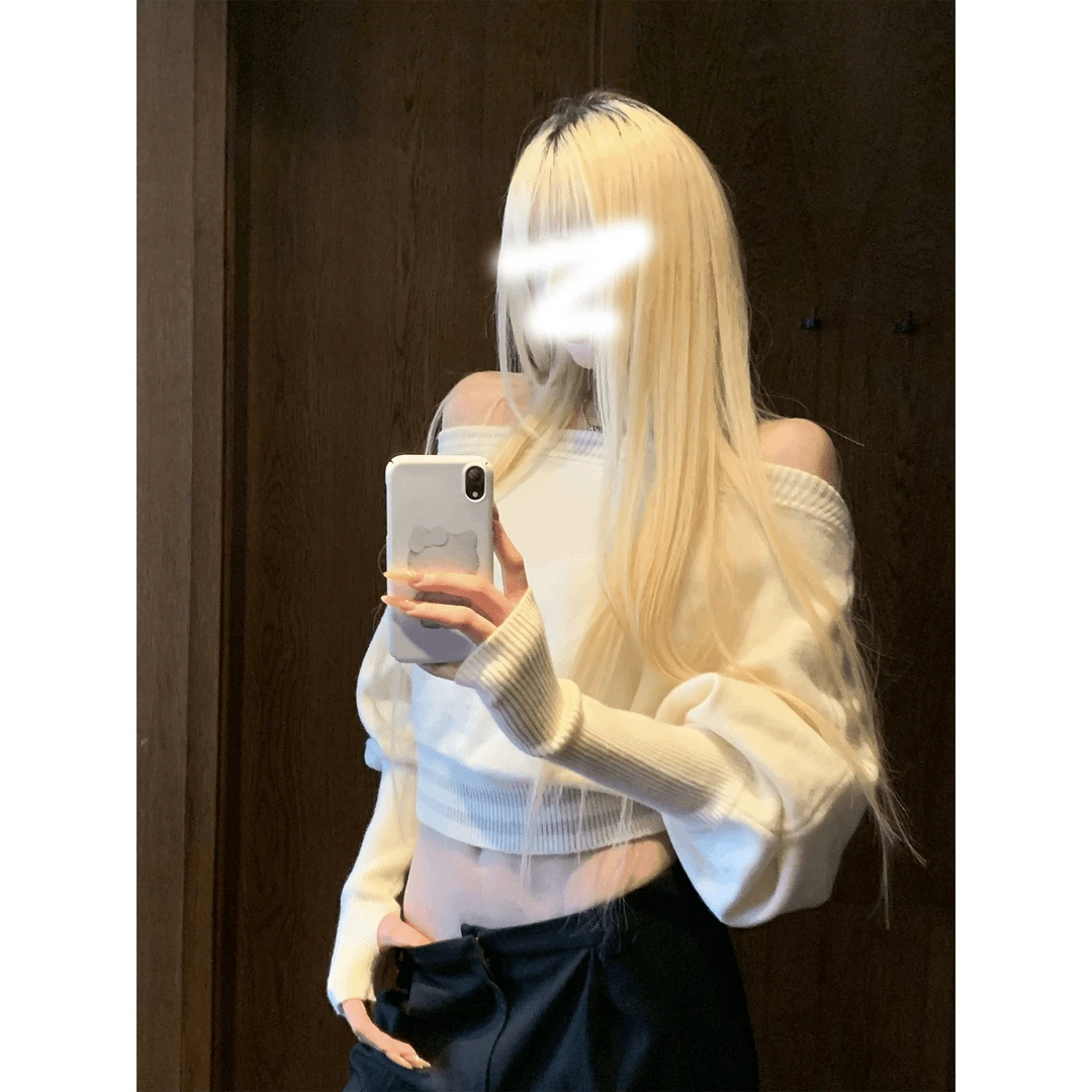 短款套头针织衫设计感2025新款长袖衣软糯一字肩毛衣宽松慵懒上衣