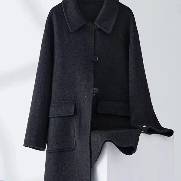 6019小个子韩版大衣秋冬中长款黑色加厚毛呢外套 时尚百搭