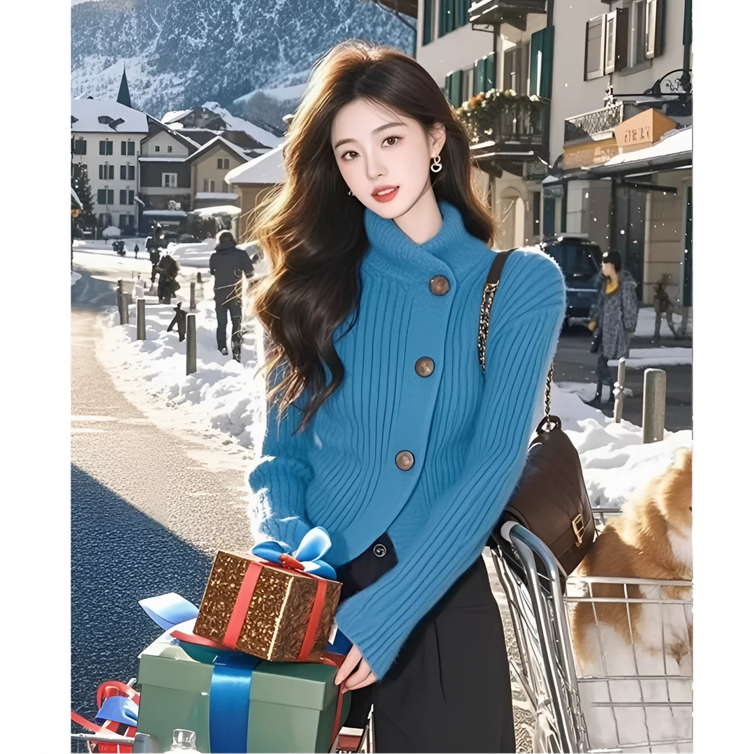 慵懒风软糯孔雀蓝高领毛衣女秋冬韩系别致修身显瘦内搭针织小上衣