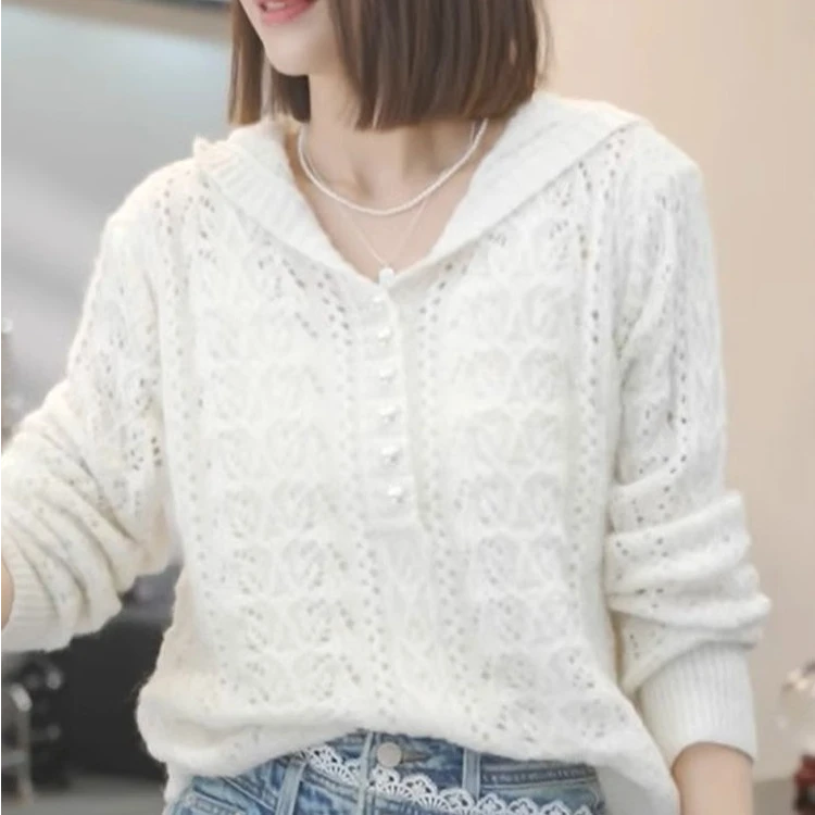 高端够花镂空连帽针织打底衫女春夏薄款外穿卫衣宽松毛衣薄款上衣