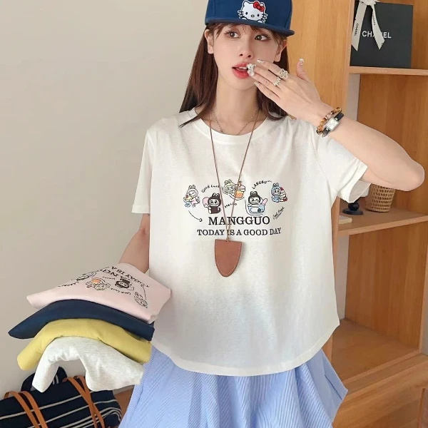 底边弧形 雪花棉 刺绣5个拉布布 雪花棉 夏款 圆领 宽松  T恤