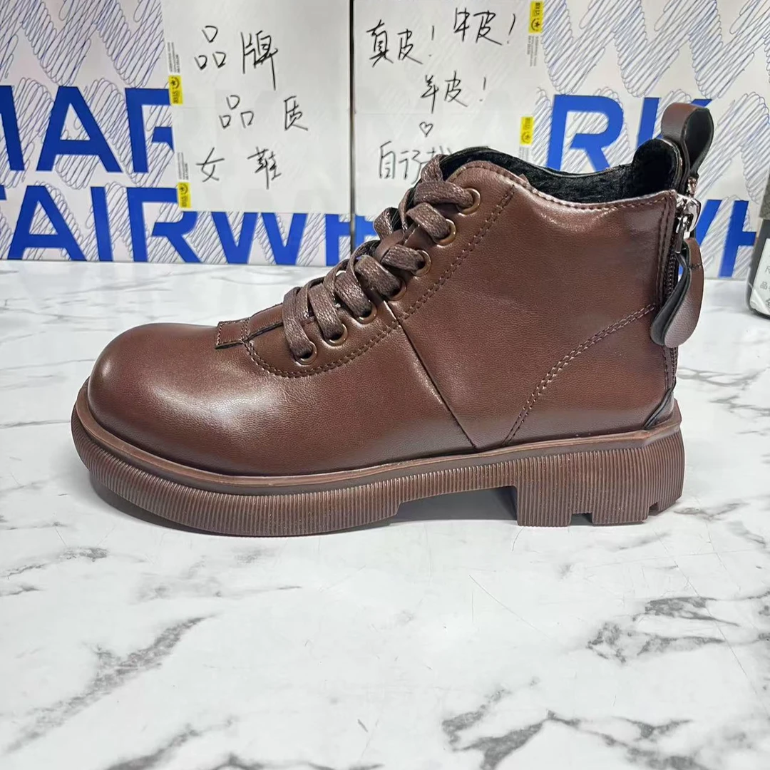 女鞋时尚休闲百搭复古潮流加绒英伦风平底棕色短靴