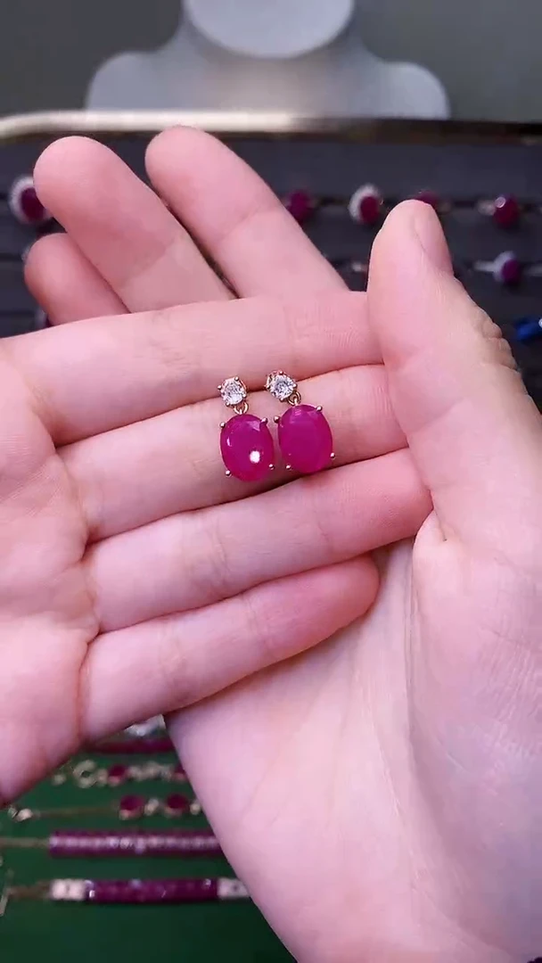 银S925镶嵌耳饰红宝石456