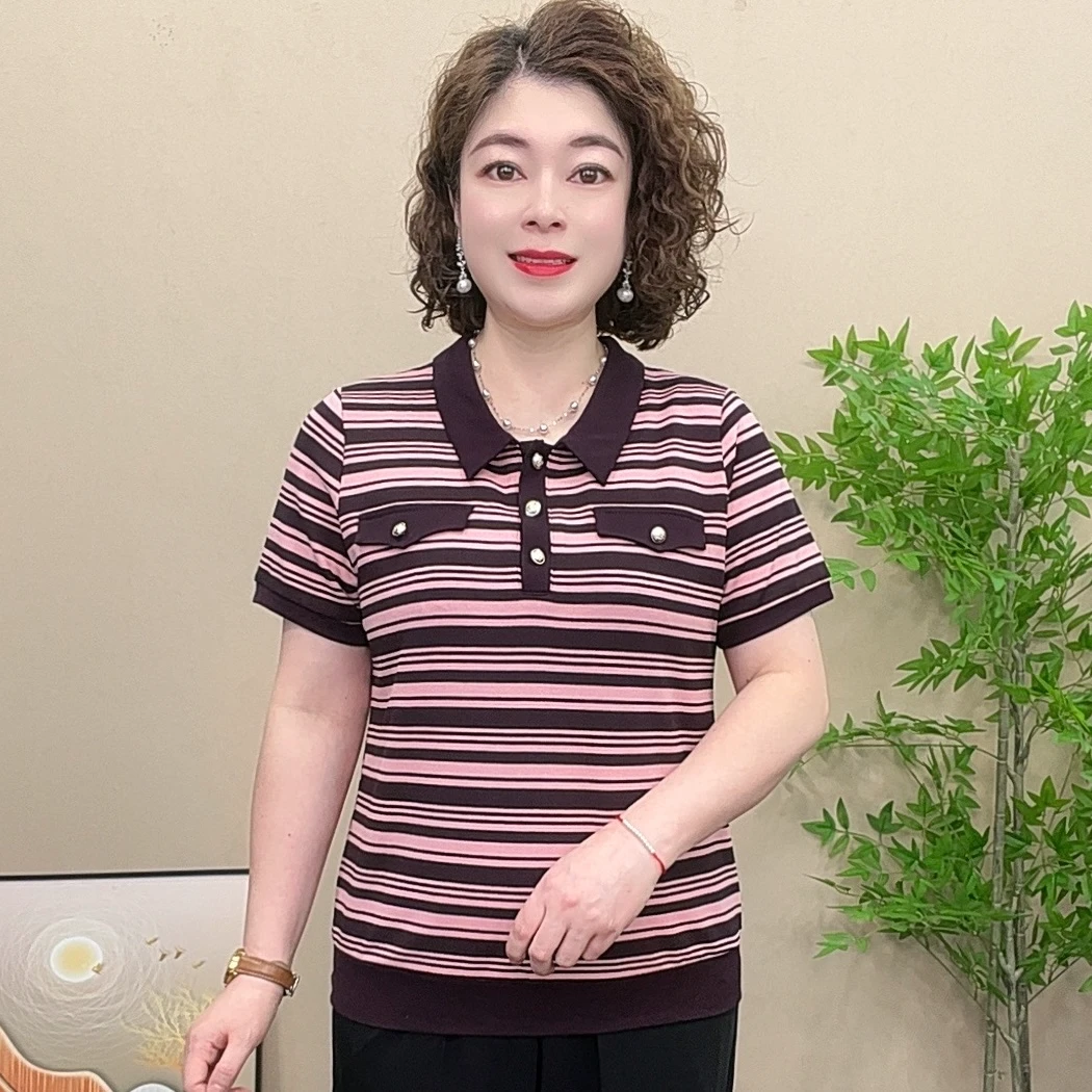 短袖洋气夏季休闲翻领法式宽松中老年女装小衫常规妈妈装气质显瘦