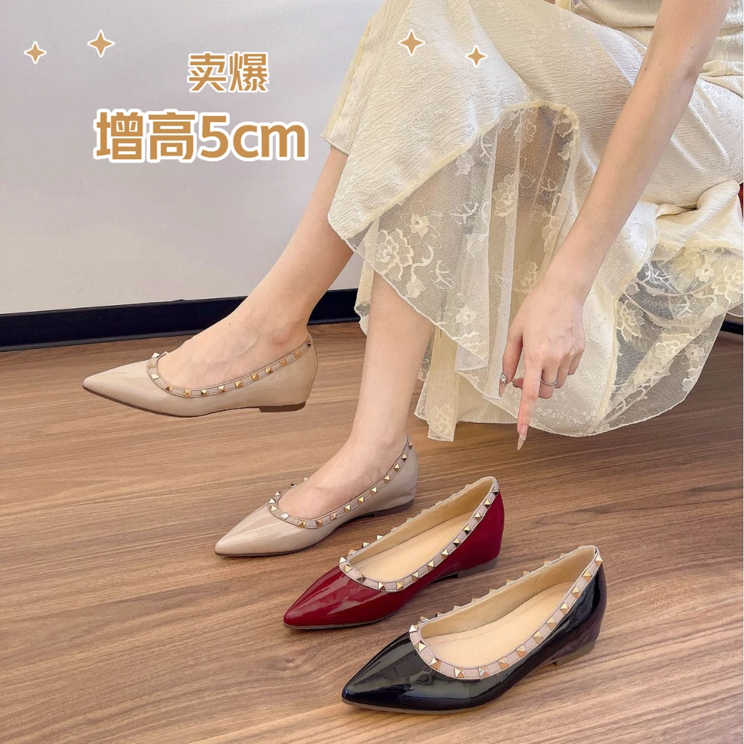 尖头铆钉内增高5CM法式浅口软漆皮气质通勤百搭时尚内单鞋女夏季