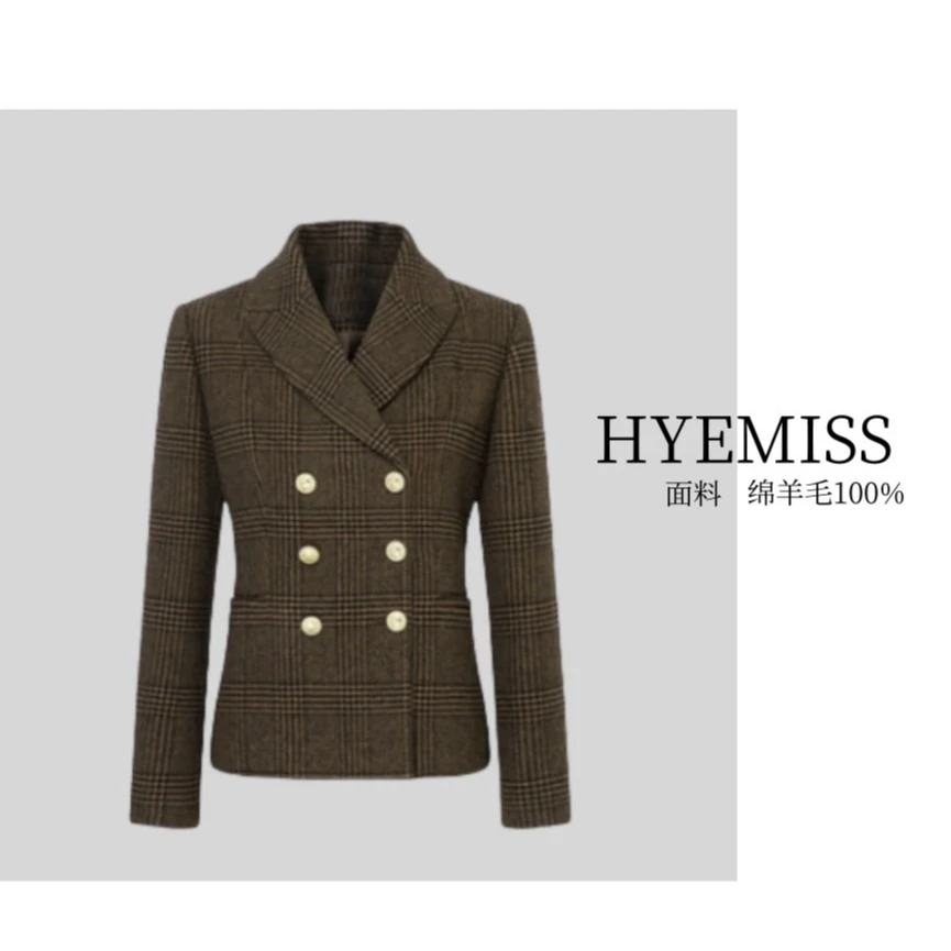 JKE4T040冬季新款满分绵羊毛复古格纹西装双排扣毛呢外套