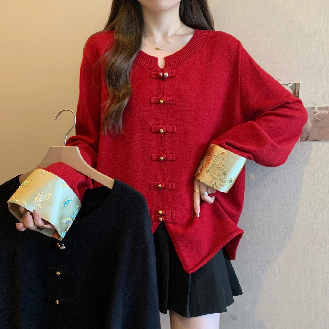 【新年穿搭】微胖妹妹大码女装国潮新中式盘扣宽松显瘦针织衫上衣