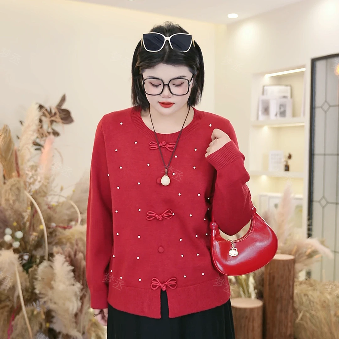 【淡雅佳人】【NO退NO换】大码女装新中式钉珠宽松显瘦减龄长袖针织衫