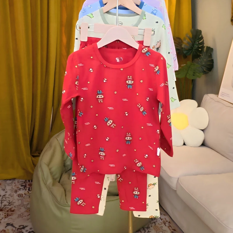 （红红火火）新年套装纯棉儿童秋衣裤莱卡a类女童睡衣无骨秋冬宝宝