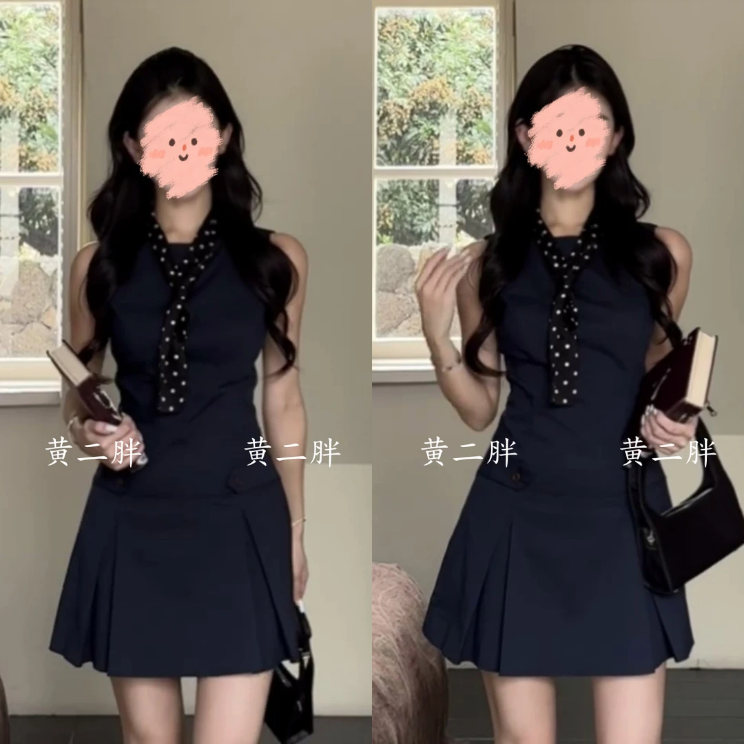 设计感蓝色无袖背心连衣裙女夏季新款复古通勤收腰显瘦a字短裙子