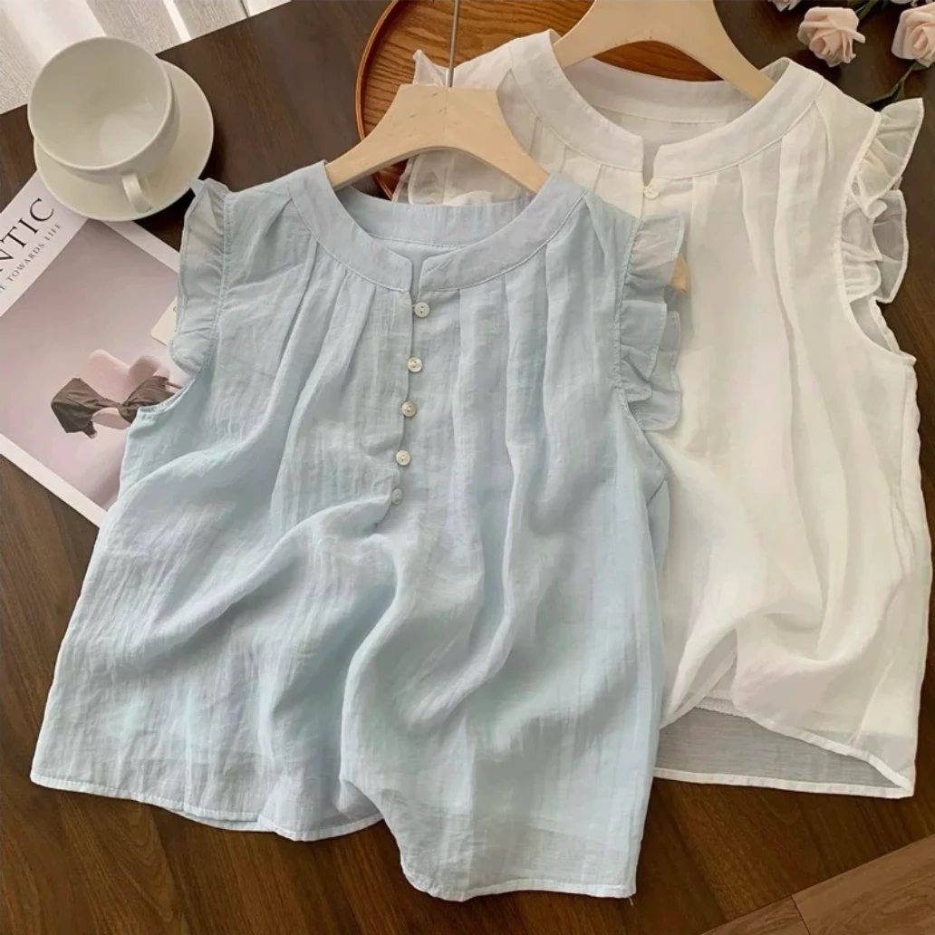 大码显瘦圆领荷叶边飞飞袖衬衫女夏季设计感宽松上衣7537