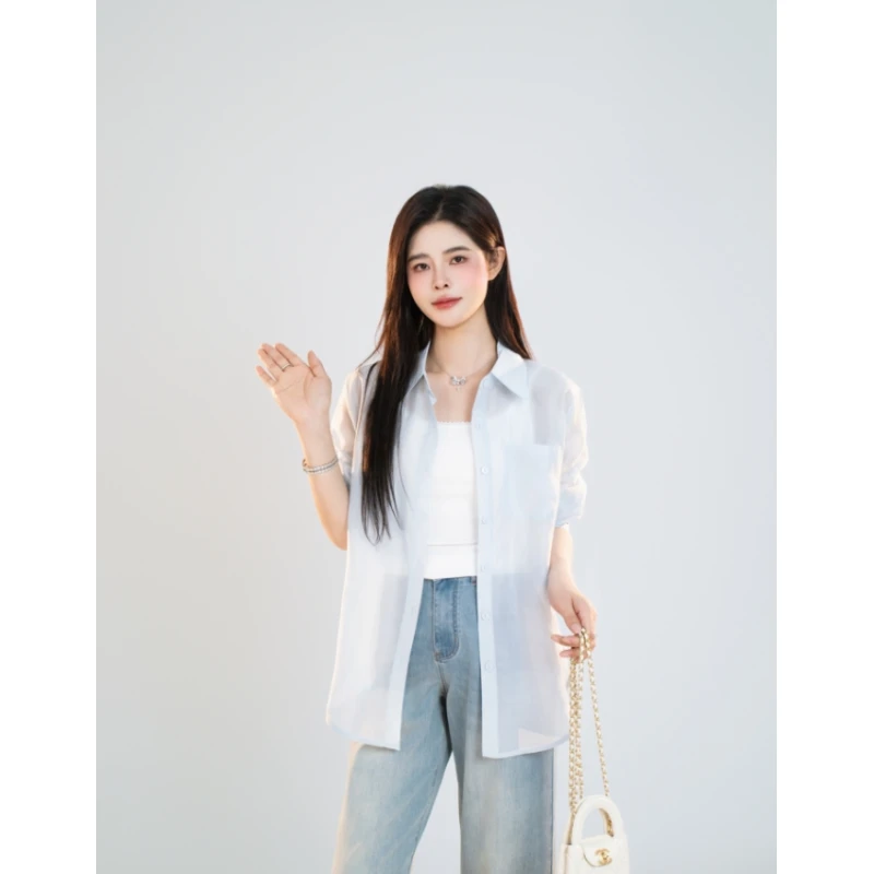 宿慕SUMU 女装纯色防晒衬衣 5-10夏季2025新款翻领宽松衬衫F6302K