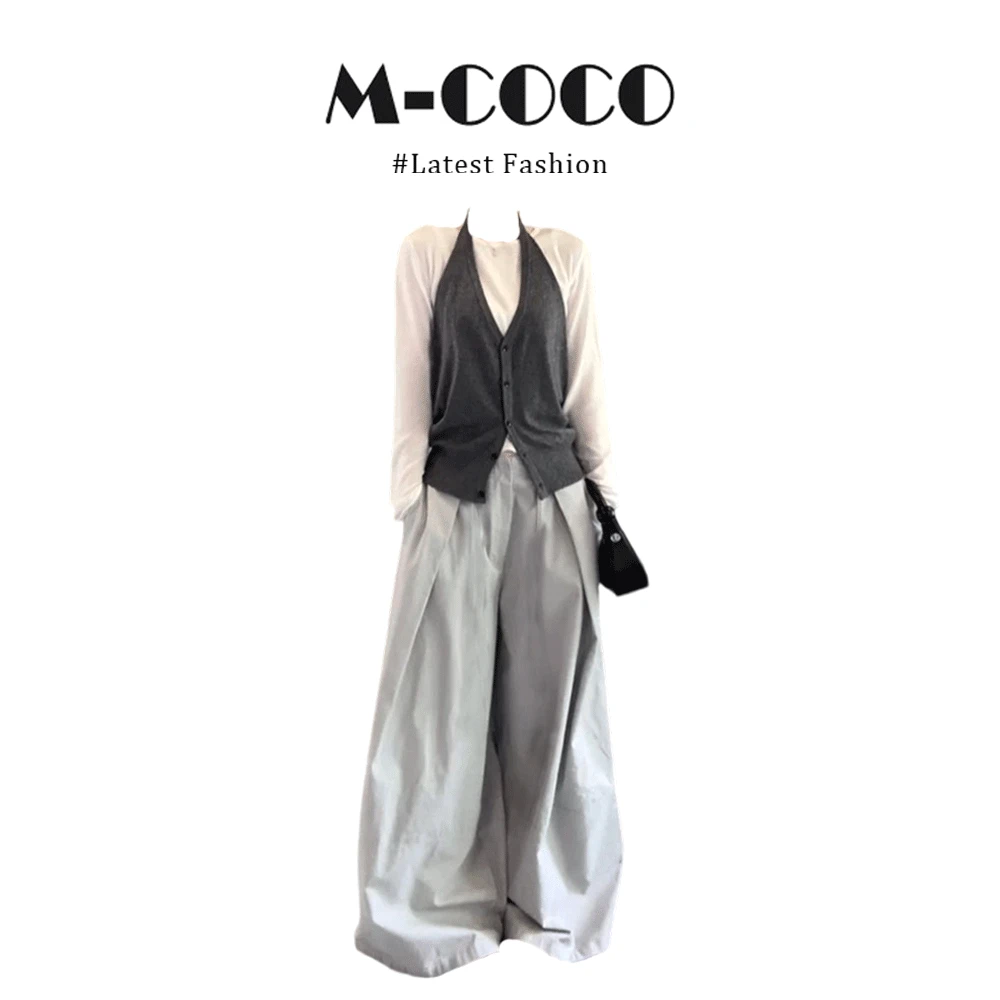 MARIE.COCO韩系慵懒风灰色挂脖针织马甲内搭打底上衣休闲裤三件套