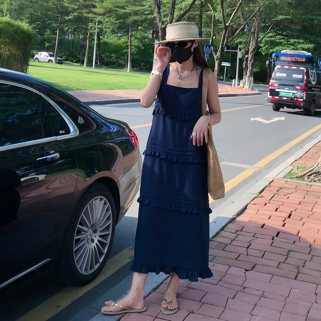 清仓默认微瑕no退no换 谨慎下单 蓝色黏丝花边吊带连衣裙26039