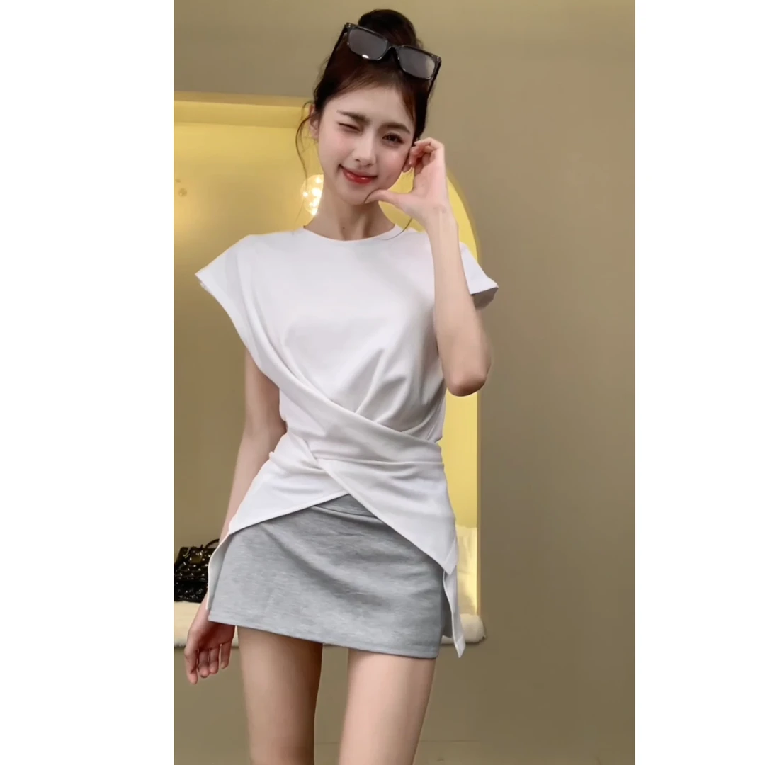 设计感小众白色交叉短袖t恤女夏季修身短款独特别致收腰上衣