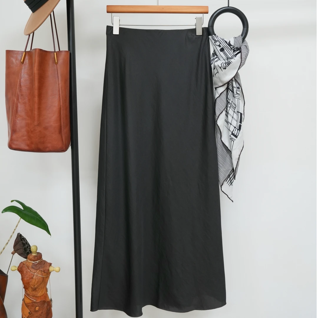 非遗香云纱极简黑色半身裙优雅高腰显瘦纯色中长款半身长裙女夏