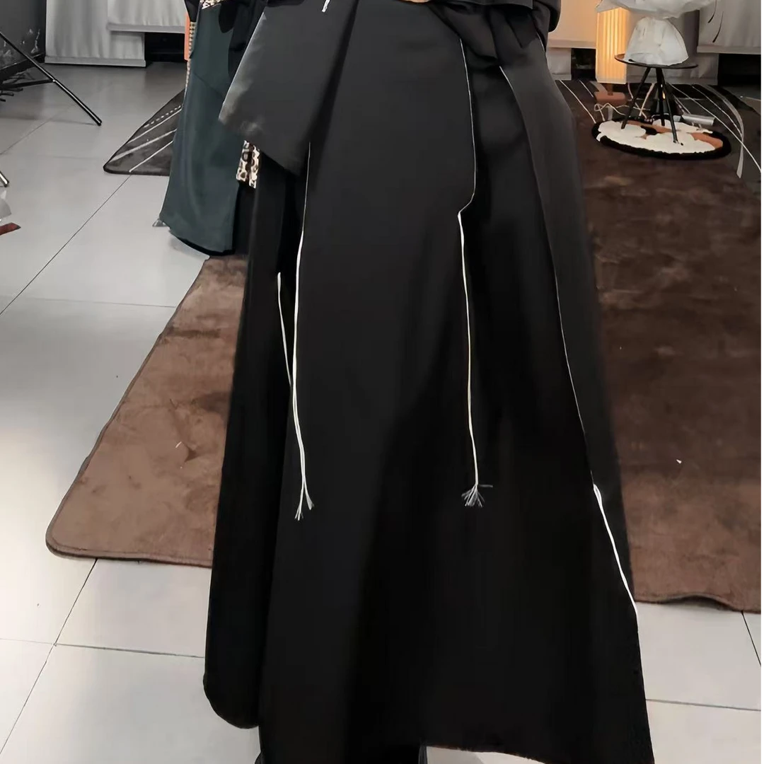 2025小众设计明线高腰半身裙女不规则时尚百搭休闲褶皱过膝长裙潮