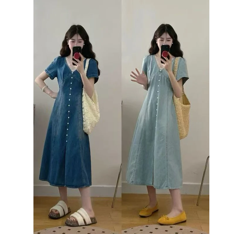 2025夏季新款大码女装短袖花边牛仔连衣裙拉链收腰显瘦长裙子1568