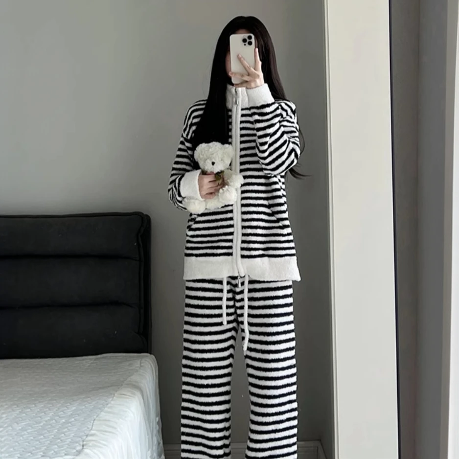 【黑白条纹】简约半边绒睡衣套装女秋冬季新款加绒加厚针织家居服