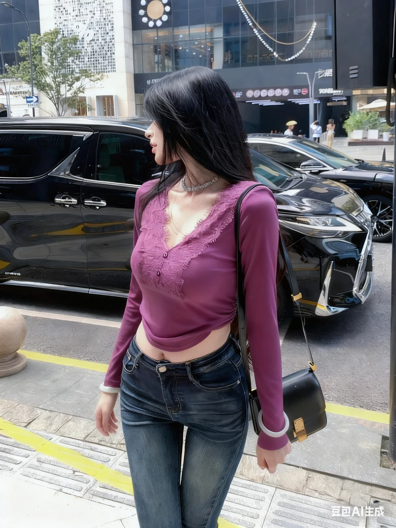 性感纯欲钓系蕾丝磨毛秋冬长袖显瘦针织褶皱收腰修身T恤女上衣