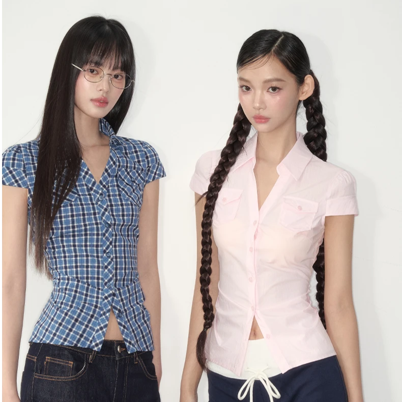 四季通用工装风翻领收腰型衬衫春夏小众设计感蓝色衬衣显瘦