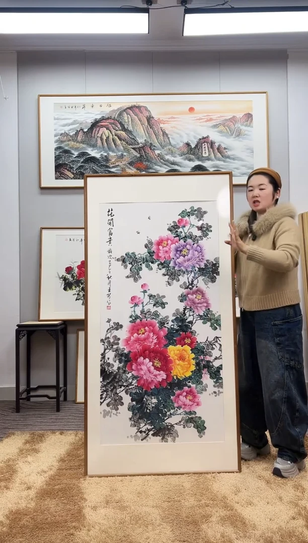 国画手绘牡丹162*82尺寸
