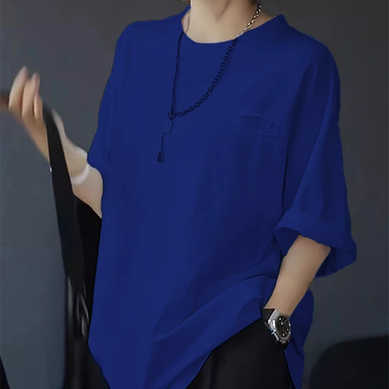 蓝色短袖t恤女2025夏季新款欧货宽松时尚洋气遮臀潮流中长款上衣