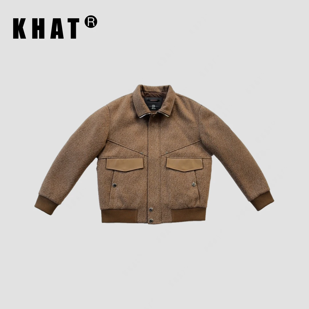 羊毛混纺拼皮提花人字纹翻领休闲男士秋冬夹克羽绒服