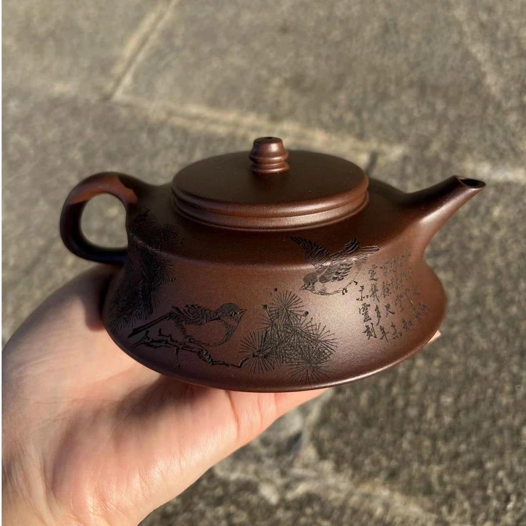 宜兴紫砂壶原矿老紫泥精工半手柱础紫砂壶200cc