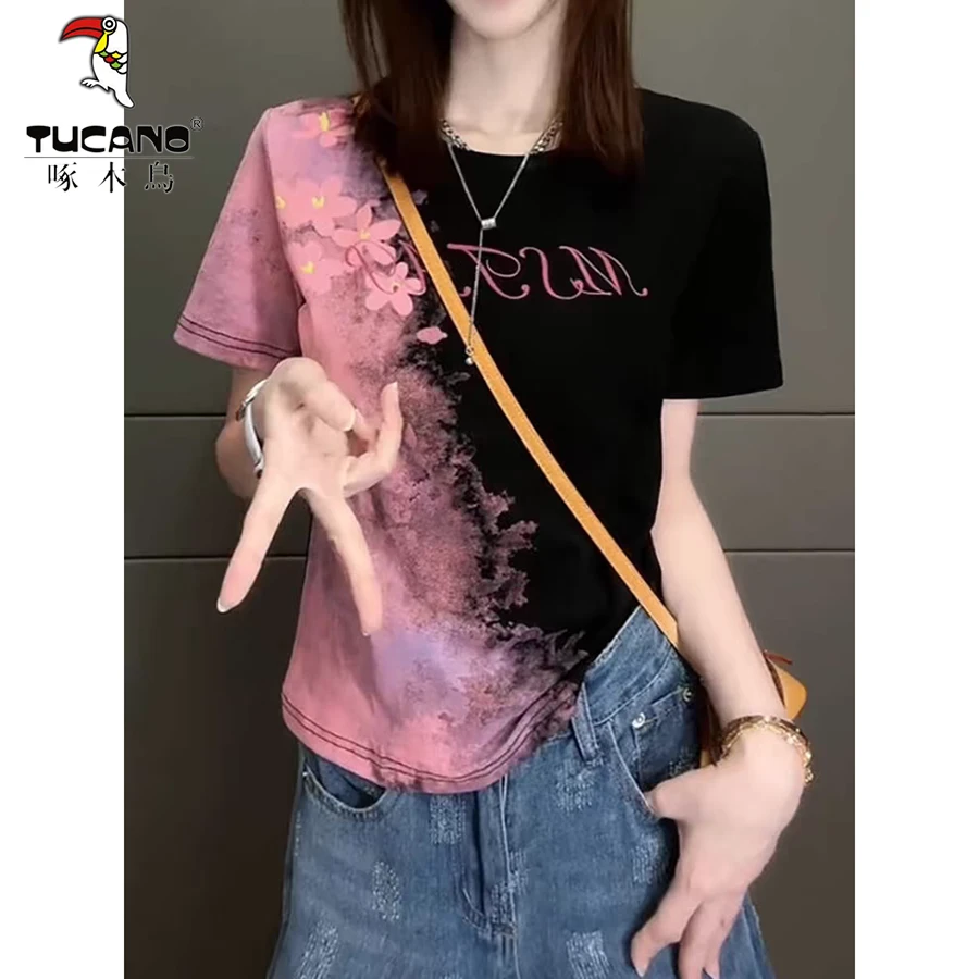 啄木鸟夏季设计感大码正肩洋气女装欧货t恤新款显瘦时尚上衣短袖